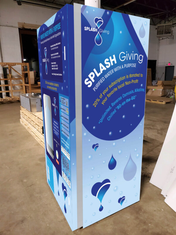 A large cardboard box with a splash giving advertisement on it.